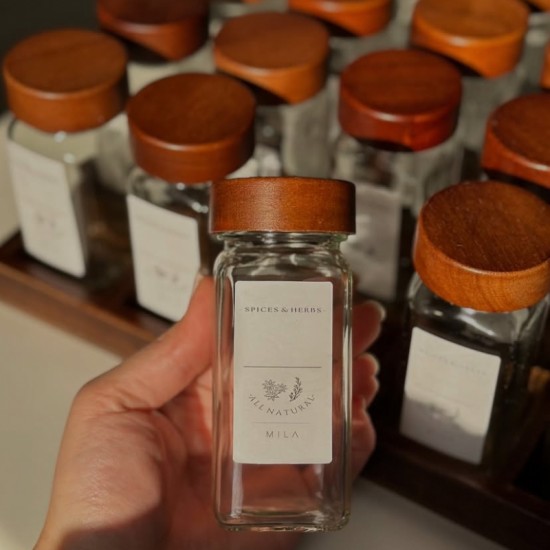 Wooden & Glass Jar Spices Set 16 pieces with Wooden Stand